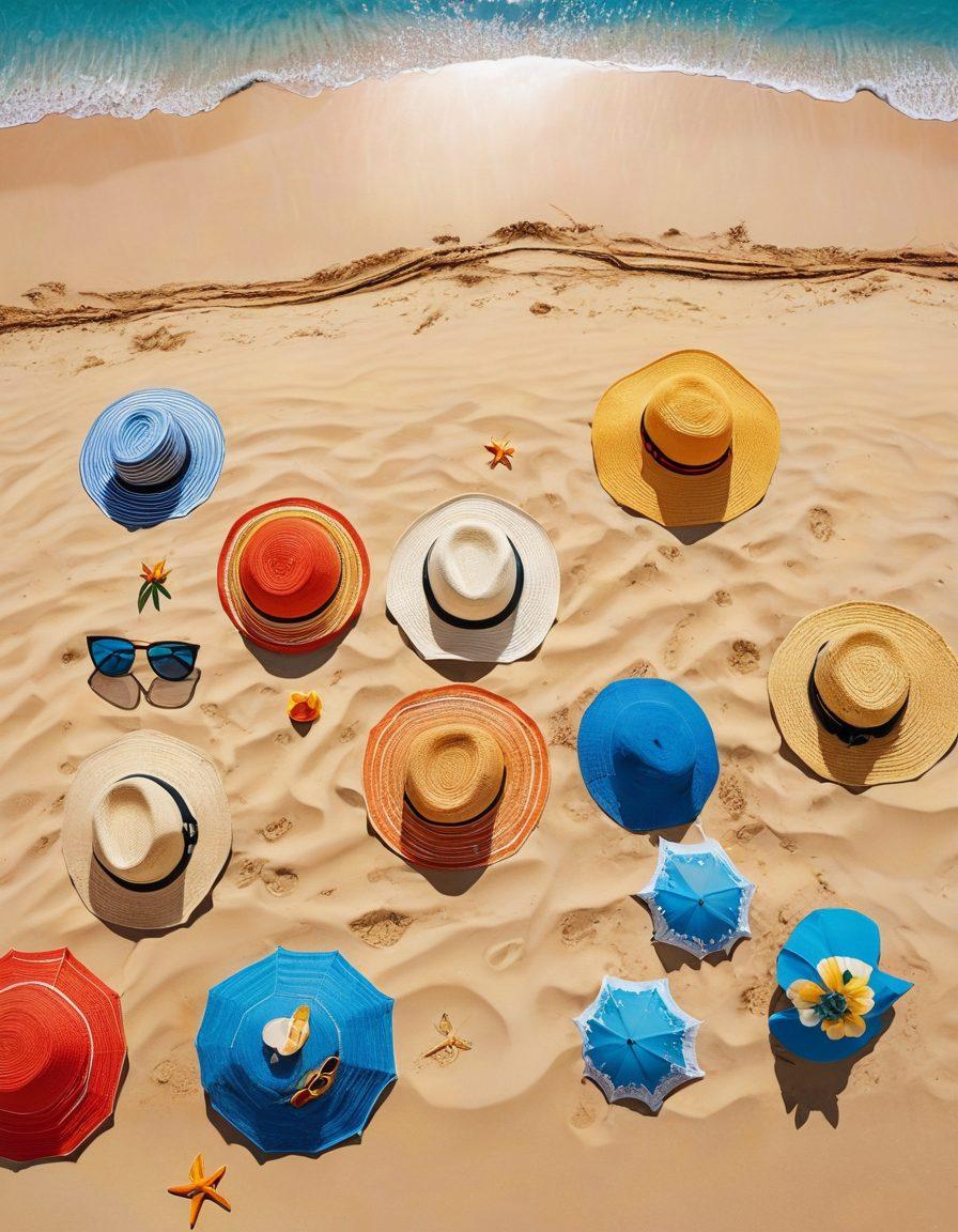 A vibrant beach scene featuring an array of fashionable summer hats, sunglasses, and colorful beach bags on a sandy shoreline. The backdrop showcases a bright sun, crystal blue waves, and palm trees swaying in the breeze, creating an inviting atmosphere for summer fashion. Include stylish individuals wearing trendy outfits and accessories, engaging in beach activities. super-realistic. vibrant colors. sunny day.