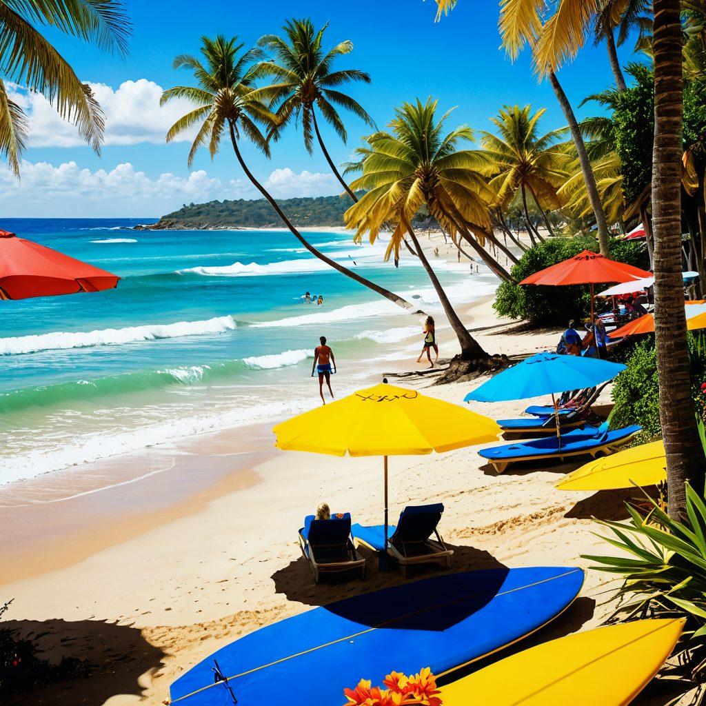 A vibrant beach scene featuring a diverse group of people showcasing trendy swimwear and stylish beach hats. Include colorful umbrellas, surfboards, and tropical palm trees in the background, with golden sand and sparkling blue water. Emphasize a sunny, joyful atmosphere with playful waves and bright sun. The focus should be on fashion and summer fun. super-realistic. vibrant colors. tropical vibe.